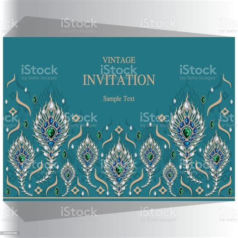 Wedding Invitation Card Templates With Gold Peacock Feathers Patterned