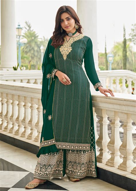 Bottle Green Heavy Designer Work Wedding Festive Special Sharara Suit