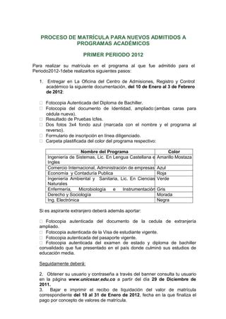 Instructivo Matriculas Nuevos 2012 1 PDF