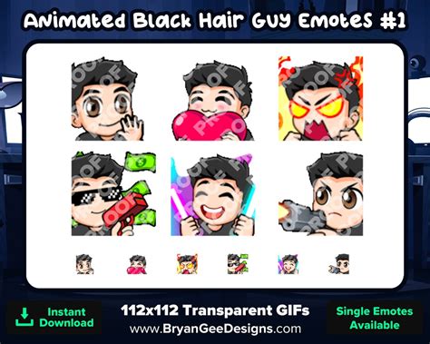 Animated Black Hair Guy Twitch Emotes Wave Love Rage Money Dono Raid