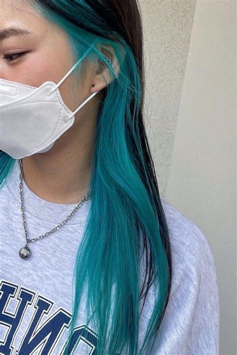 Black Hair With Teal Hidden Color Green Hair Hidden Hair Color Teal