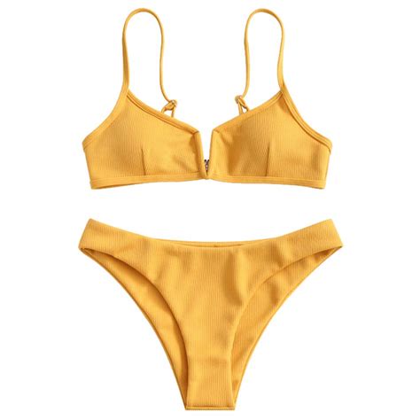 Zaful Women S V Wire Padded Ribbed High Cut Cami Bikini Set Two Piece