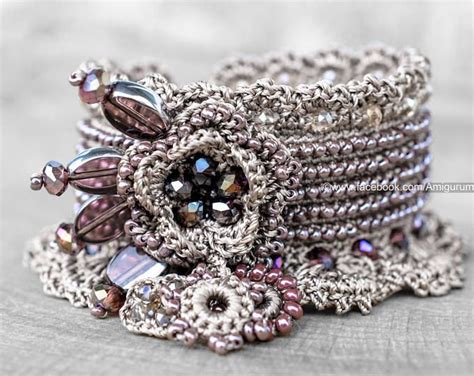 Cappuccino Crochet Bracelet Cuff Beaded Crochet Bracelet Freeform