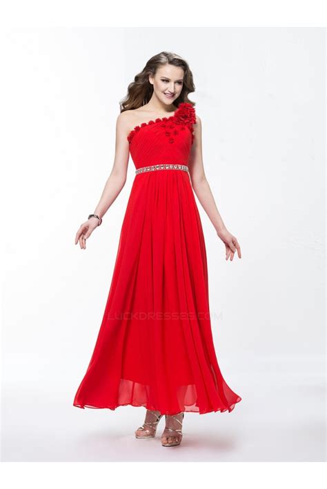 A Line One Shoulder Beaded Long Red Prom Evening Formal Party Dresses