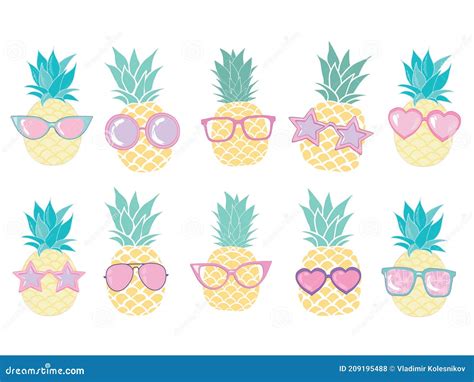 Pineapple Cute Characters Set For Summer Tropical Stickers Patches And Pins Design Vector