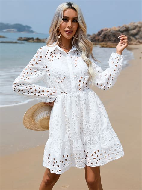 Shein Vcay Eyelet Embroidery Ruffle Hem Shirt Dress Shein Usa