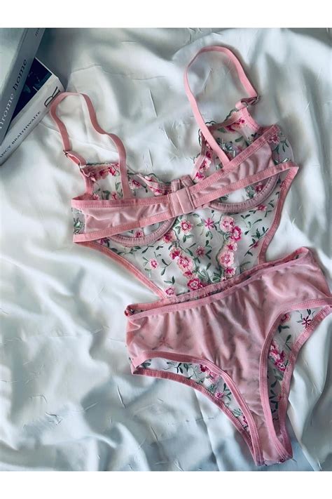 ROZENİN LINGERIE Yeni Sezon Pembe Çiçekli Brode Balenli Kapsız Bodysuit Fiyatı Yorumları
