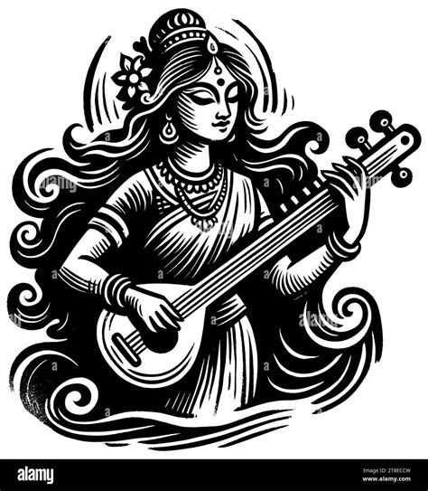 Traditional Indian Woman Playing Sitar Detailed Black And White