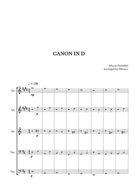 Canon In D Pachelbel Brass Quintet Arr Milanov By Johann