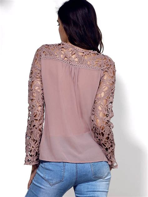 Stylish Scoop Neck Long Sleeve Lace Embroidery Spliced Women S Blouse