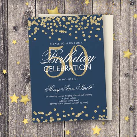 Gold Navy Blue 50th Birthday Glitter Confetti Invitation Zazzle