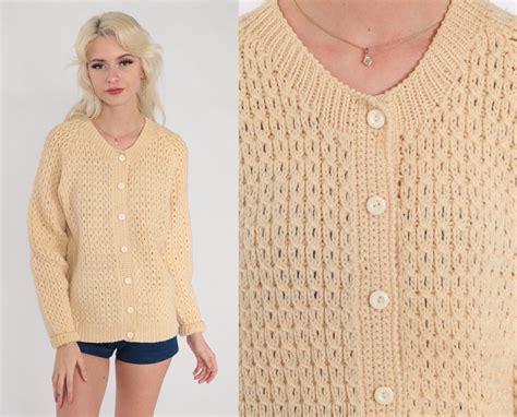 60s Cardigan Cream Chunky Knit Button Up Sweater Retro Open Weave