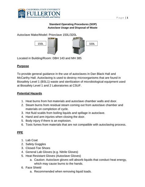 Pdf Standard Operating Procedures Sop Autoclave Usage And Usage