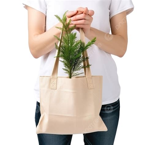 Canvas Bag With A Small Christmas Tree In The Girls Hand Juniperus