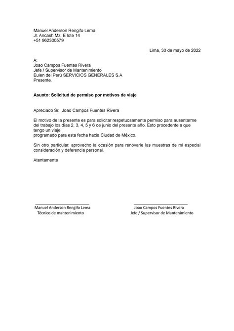 4 6 Modelo De Carta De Solicitud De Permiso 43 Manuel Anderson Reno Lema Jr Ancash Mz E