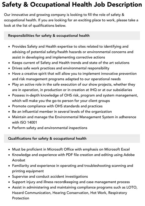 Safety And Occupational Health Job Description Velvet Jobs