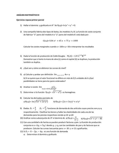 Ejercitacion Primer Parcial Anlisis Matemtico Ii Ejercicios Repaso