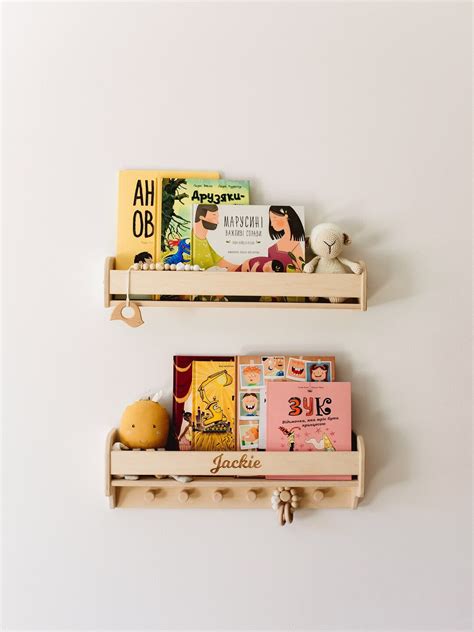 Nursery Wall Mount Bookshelf, Kids Bookshelf, Childs Shelf With Hooks ...