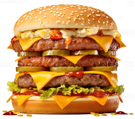 Big Burger With Three Layer Beef Meat With Sauce Cheese And Vegetables