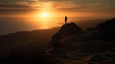 Premium Photo | A person stands on a cliff overlooking the ocean at sunset