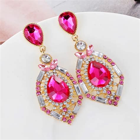 Trendy Elegant Wedding Party Jewelry Big Luxury Rhinestone Crystal Hot Pink Earrings Teardrop