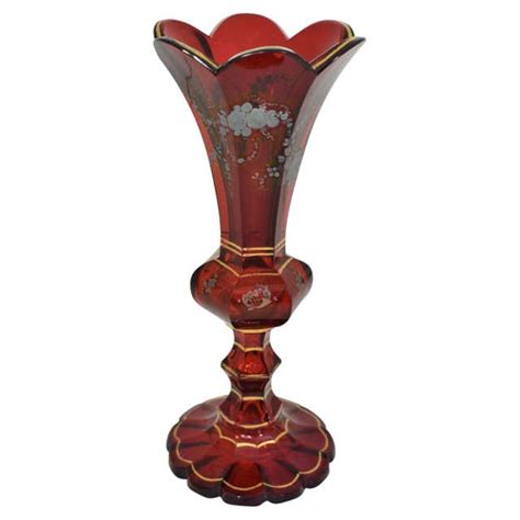 Antique Bohemian Ruby Red Enameled Glass Vase Hookah Base 19th Century For Sale At 1stdibs