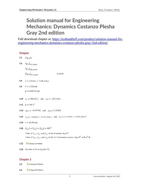 Solution Manual For Engineering Mechanics Dynamics Costanzo Plesha Gray