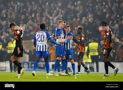 Brighton and Hove Albion celebrate after the UEFA Europa League group B ...