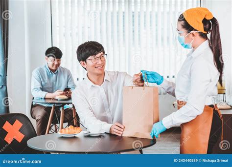 Asian Staff Restaurant Waitress Wear Protective Face Mask Working In