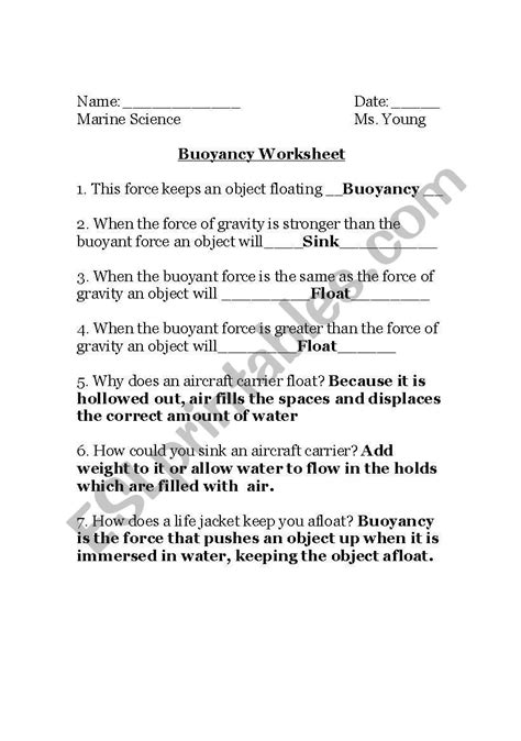 English Worksheets Buoyancy