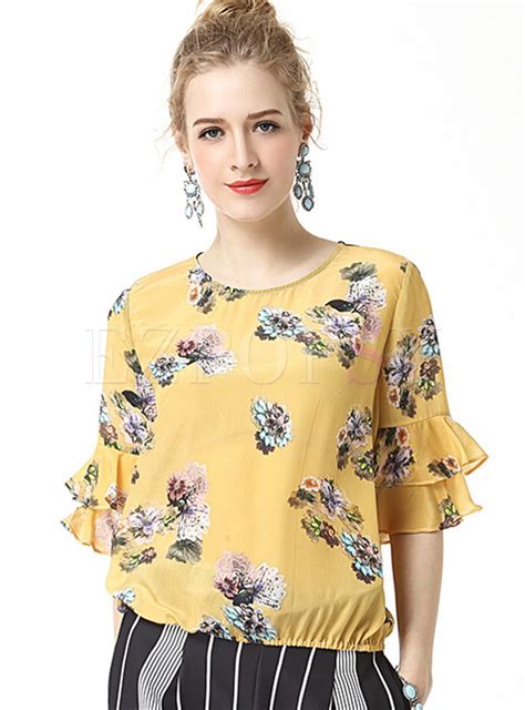 Tops Blouses Floral Print Silk Lotus Leaf Sleeve Yellow Blouse