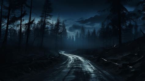 Premium AI Image | a dark road in the middle of a forest at night