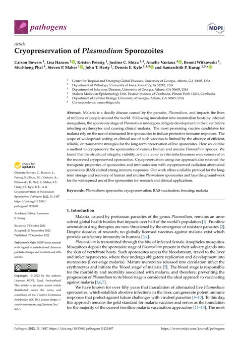 Pdf Cryopreservation Of Plasmodium Sporozoites