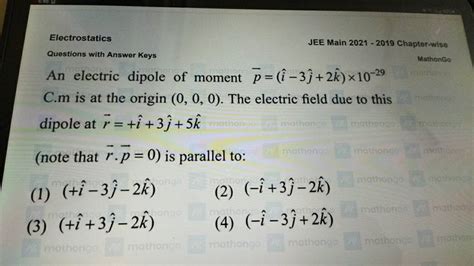 Electrostatics Jee Main Chapter Wise Questions With Answer Ke