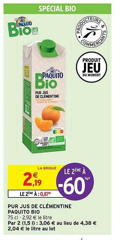 Promo Pur jus de clémentine paquito bio chez Intermarché Hyper