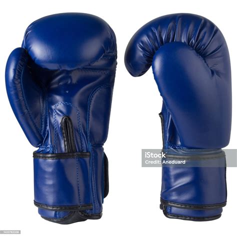 A Pair Of Blue Boxing Gloves From Different Angles On A White