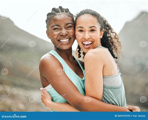 Fitness Women And Lesbian Couple In Outdoor With Smile Hug And