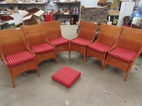 6 Matching Wicker Sunroom Chairs w Upholstered Seats & Extra Cushions