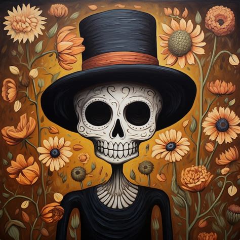 Premium Photo Painting Of A Skeleton Wearing A Top Hat And A Top Hat