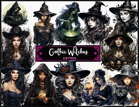 Gothic Witches Clipart Bundle Halloween PNG Images, Fantasy Magical Graphics, PNG, Instant ...