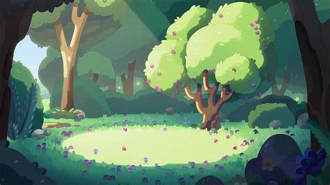 An Animated Landscape With Trees And Flowers In The Foreground