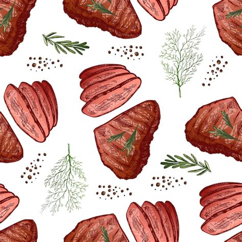 Premium Vector Hand Drawn Vector Seamless Pattern Of Beef Steak Piece