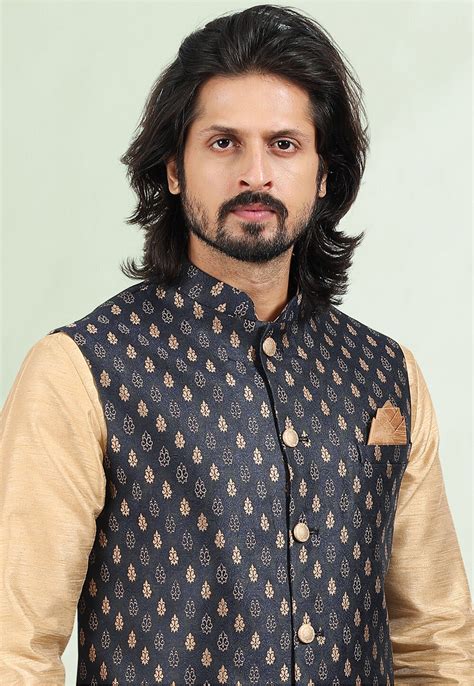 Buy Woven Art Silk Jacquard Nehru Jacket In Navy Blue Online Mly