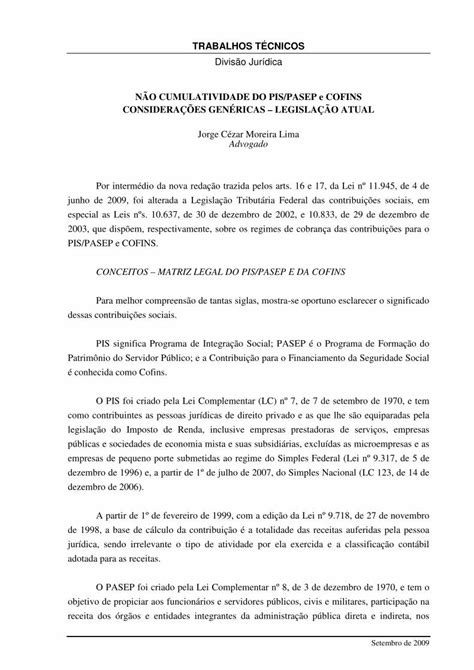 Pdf N O Cumulatividade Do Pis Pasep E Cofins Para O Pis Pasep O