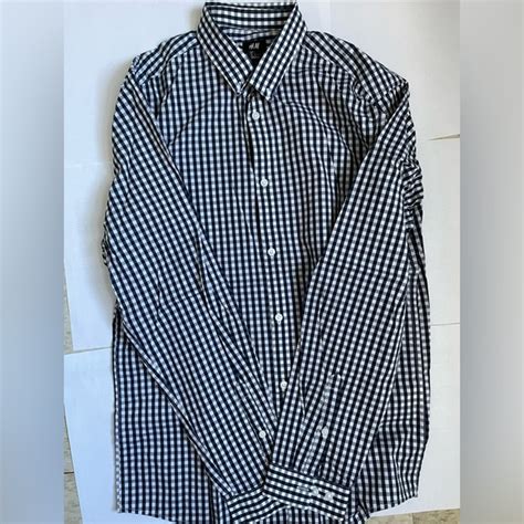 H M Shirts Hm Mens Black And White Checkered Long Sleeve Button