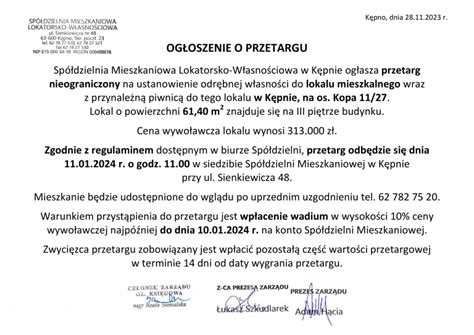 Spółdzielnia Mieszkaniowa Lokatorsko Własnościowa w Kępnie ogłasza przetarg