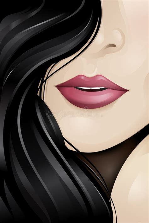 Vector Illustration Beautiful Women Face With Glossy Red Lips And Long