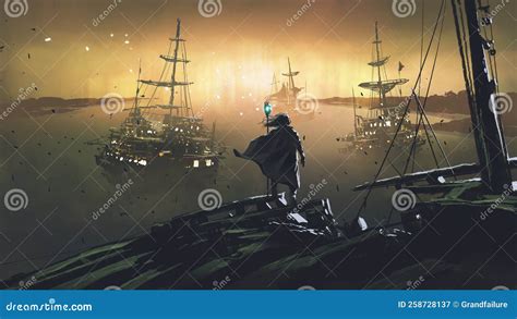 Destroying The Pirate Ships Stock Illustration Illustration Of