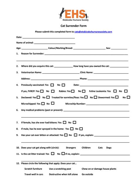 Fillable Online Cat Surrender Form Etobicoke Humane Society Fax Email