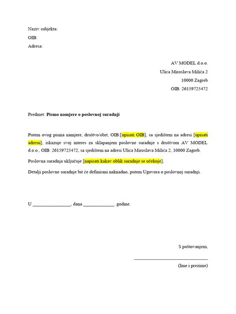 Pismo Namjere o Poslovnoj Suradnji - Špranca | PDF